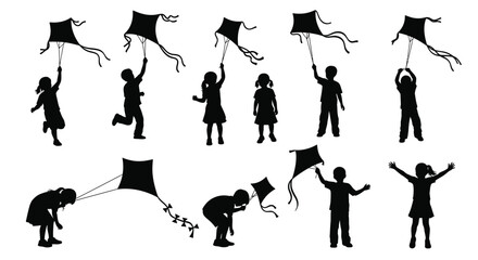 Children silhouettes flying kites outdoor activity vector design