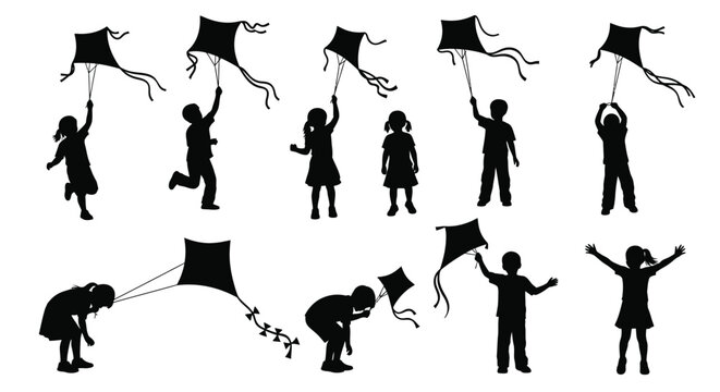 Children silhouettes flying kites outdoor activity vector design
