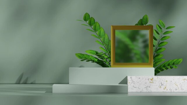 looping seamless shadow animation with gold frame and zamia plant, 3d video render empty scene of mint green and marble block podium