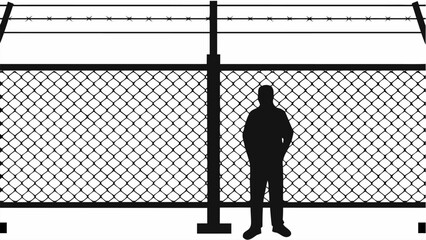 Silhouette of a person stands behind a wire fence with barbed wire, security concept vector art