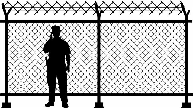 Security guard silhouette on radio near chain link fence with barbed wire, protection and surveillance