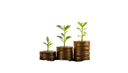 A visual representation of financial growth, showcasing stacks of coins with small plants growing out of them, symbolizing investment and prosperity, isolated on transparent background