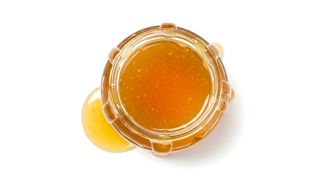 Aerial view of a glass jar filled with golden honey, spills on the white background