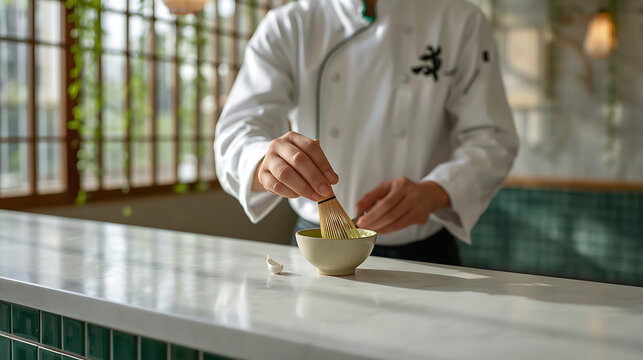 Chef preparing a sauce with bamboo whisk in modern restaurant kitchen, showcasing culinary skill and attention to detail, creating an authentic and refined dining experience.