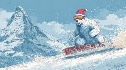 Polar bear snowboarder wearing Santa Claus hat and ski mask. Bear on snowboard on snowy mountain slope, drawn cartoon style. Concept of active recreation on Christmas vacation, extrime winter sports
