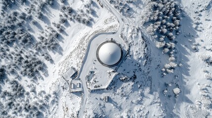 An aerial top-down view of a snow-covered radar station on a mountain.