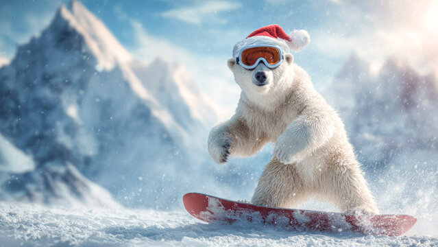 A funny polar bear snowboarder wearing a Santa hat and ski mask. The white bear is snowboarding at a winter resort. Concept of extrime sports, vacation, leisure