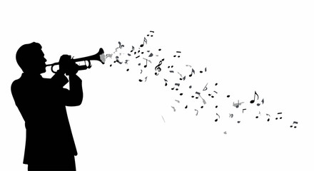 Silhouette of a musician playing a trumpet, with musical notes flowing outwards