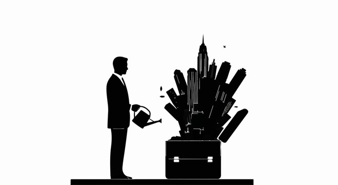 Businessman nurturing a briefcase overflowing with growing city skyscrapers, symbolizing business growth and investment. - Powered by Adobe