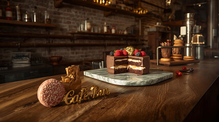Chocolate cake sits on marble board in cozy cafe, inviting customers to indulge in sweet treat with warm and welcoming atmosphere.
