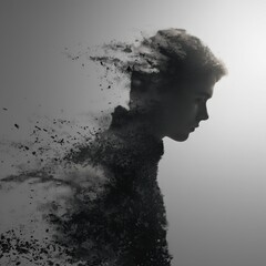 Conceptual Portrait of a Man Disintegrating into Dust Representing Mental Breakdown and Loss