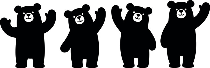 Cartoon bears waving with expressive faces, playful animal illustration, black silhouette character design for kids decor, logo, editorial, and animation use