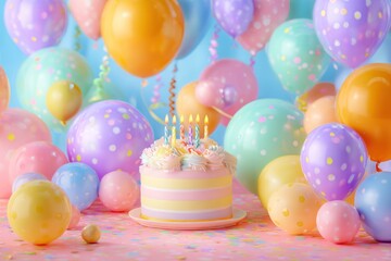 A colorful birthday cake with lit candles is surrounded by many festive balloons.