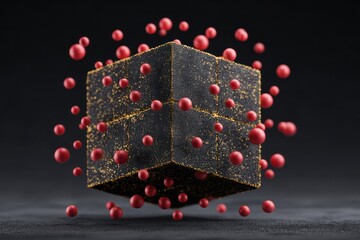 Abstract cube with orbiting red spheres against a dark, textured background.