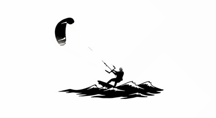 Silhouette of a kite surfer riding waves on a bright, clear day.