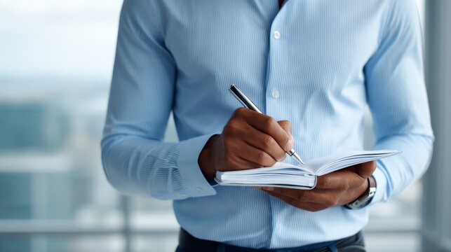 document manager, checking corporate file, CEO Organizing Speaking Notes on Printed Agenda with Copy Space by Window, Executive Presentation Preparation Concept