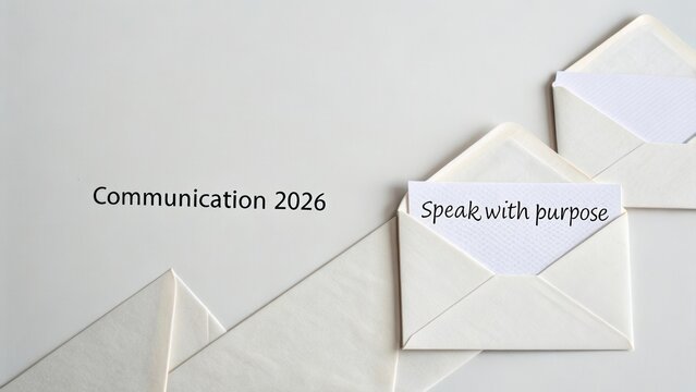 Creative concept for communication in 2026 with envelopes conveying messages emphasizing purpose and clarity in messaging