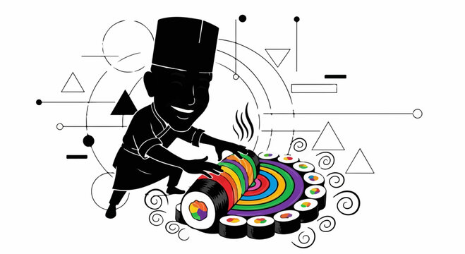 Joyful chef crafts colorful rainbow sushi with artistic flair