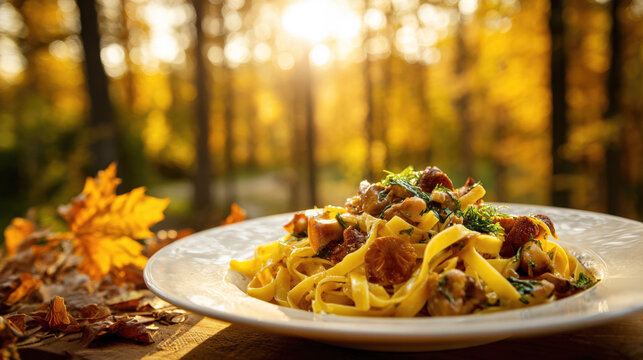 tagliatelle pasta with wild chanterelle and porcini mushrooms served on a wooden table in a sunny, golden autumn forest. A cozy, seasonal celebration of fall harvest and nature-inspired comfort food - Powered by Adobe