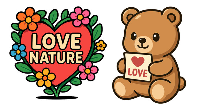 Cute cartoon bear with a love sign and a heart-shaped plant that promotes love for nature and kindness