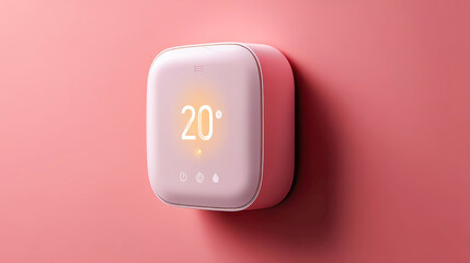 Smart thermostat in minimalist design displays digital temperature on pastel color wall