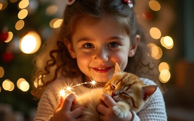 A little girl with a mischievous look is holding a kitten playing with a festive glowing garland. The frame is framed with bokeh of Christmas garland. High quality