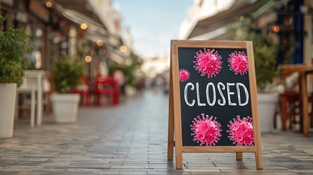 Closed sign with coronavirus images on sidewalk near businesses