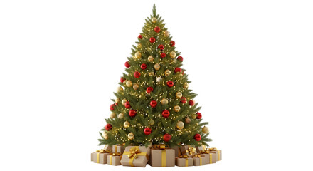 Naklejka premium Beautifully decorated christmas tree with presents underneath isolated on transparent background