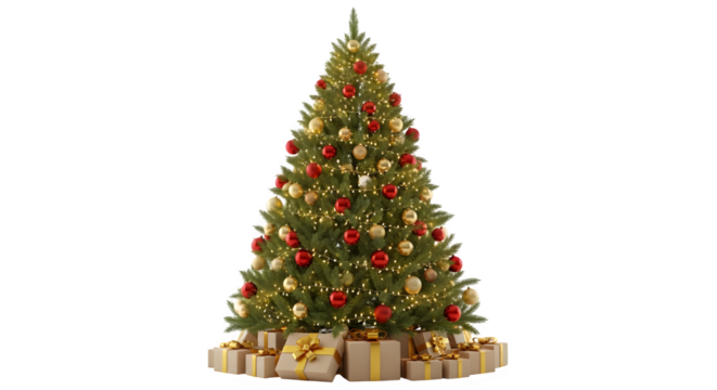 Beautifully decorated christmas tree with presents underneath isolated on transparent background