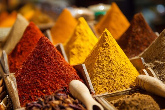 A vibrant display of colorful spices arranged in pyramids, offering a close-up view of various aromatic powders and wooden spoons in a spice shop, adding flavor to culinary delights.
