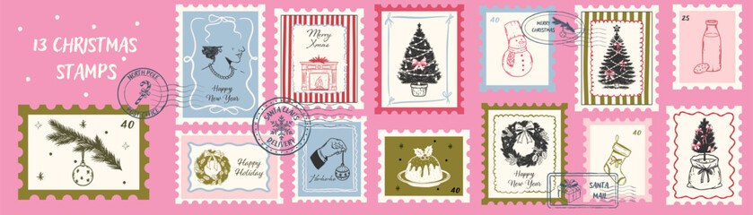 Retro Christmas stamps set. Whimsical vintage holiday postage label. Hand drawn winter sticker and mail postmark collection in sketch style.