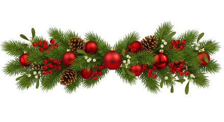 Festive christmas garland with red baubles pine cones and green fir branches isolated on transparent background