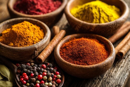 A vibrant assortment of colorful spices arranged in rustic wooden bowls, including turmeric, paprika, red chili powder, and peppercorns, with cinnamon sticks on an old table.