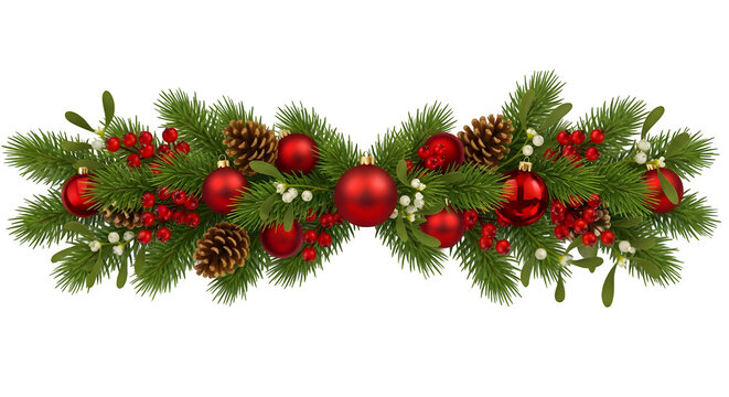Festive christmas garland with red baubles pine cones and green fir branches isolated on transparent background - Powered by Adobe