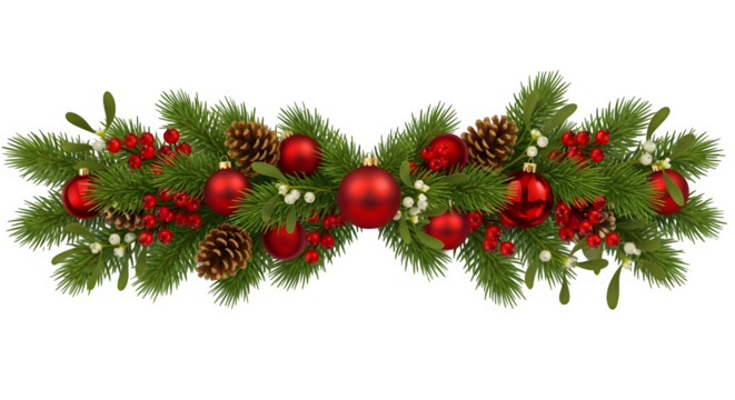 Festive christmas garland with red baubles pine cones and green fir branches isolated on transparent background