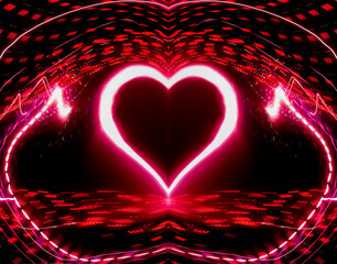 A sparkling pink, red, white, and blue digital heart symbol formed from symmetrical light articles. An intense abstract design against a dark background, representing futuristic love