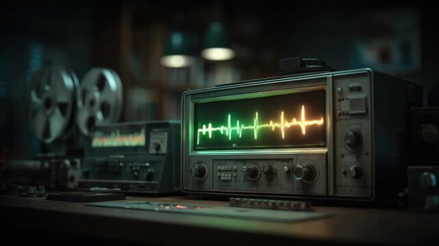 Vintage laboratory setup with a glowing waveform display, reel-to-reel, and other equipment