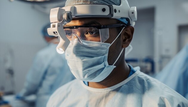 Portrait  of male surgeon with protective glasses and head light and mask in Hospital operating theater.