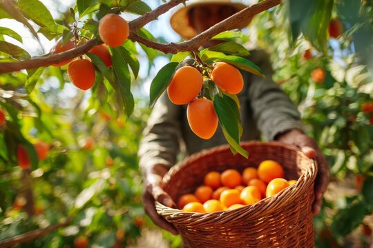 A farmer harvesting fresh persimmons in a basket during autumn season with bright sunlight, surrounded by green leaves and ripe fruits in an orchard or garden.