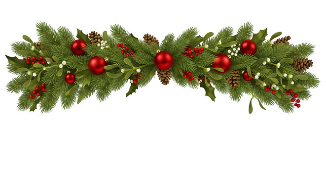 Festive green christmas garland adorned with red ornaments pinecones and warm white lights isolated on transparent background