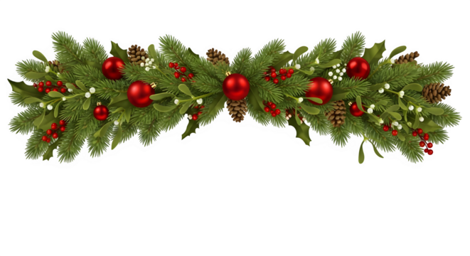 Festive green christmas garland adorned with red ornaments pinecones and warm white lights isolated on transparent background