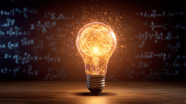 Light bulb glowing formula spark creativity idea innovation science mathematics energy inspiration wooden table blackboard education knowledge learning concept bright electric invention discovery