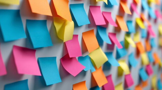 Colorful sticky note wall with blue pink orange and yellow paper creative brainstorming office organization teamwork and planning concept - Powered by Adobe