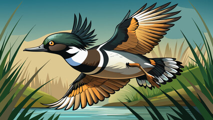 Fototapeta premium Very beautiful close-up of a male Hooded Merganser in flight in central Minnesota, USA, featuring detailed plumage, motion, and a realistic natural wildlife setting over a pond.