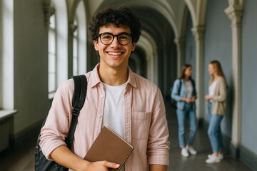 Smiling student in glasses holding book and backpack in university hallway with arched windows, two classmates talking in background. Ai generative. Ai generative