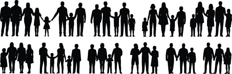 Family silhouette vector, diverse group pose, parenting unity icon, cad drawing flat vector illustration, black inclusive figure, bonding relationship design
