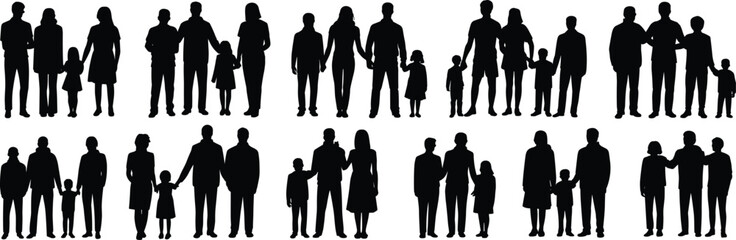 Family silhouette vector, diverse group icon, parenting unity pose, cad drawing flat vector illustration, black inclusive figure, bonding relationship design