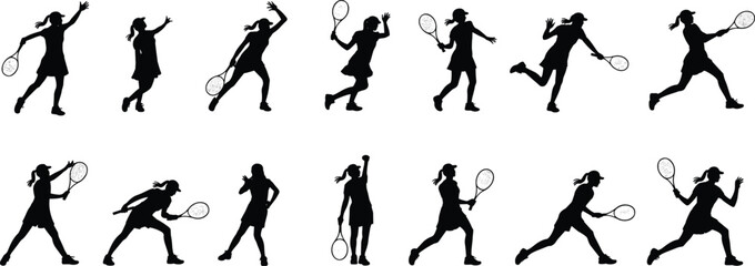 Female tennis silhouette, dynamic racket action, sports movement icon, cad drawing flat vector illustration, black athlete pose, competitive figure design