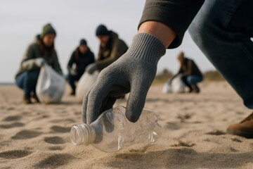 Group of volunteers cleaning up plastic waste from sandy beach, close-up of hand in glove picking up bottle, promoting environmental responsibility. Ai generative