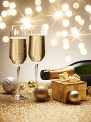 Champagne glasses and bottle with gift box and festive lights celebration new year